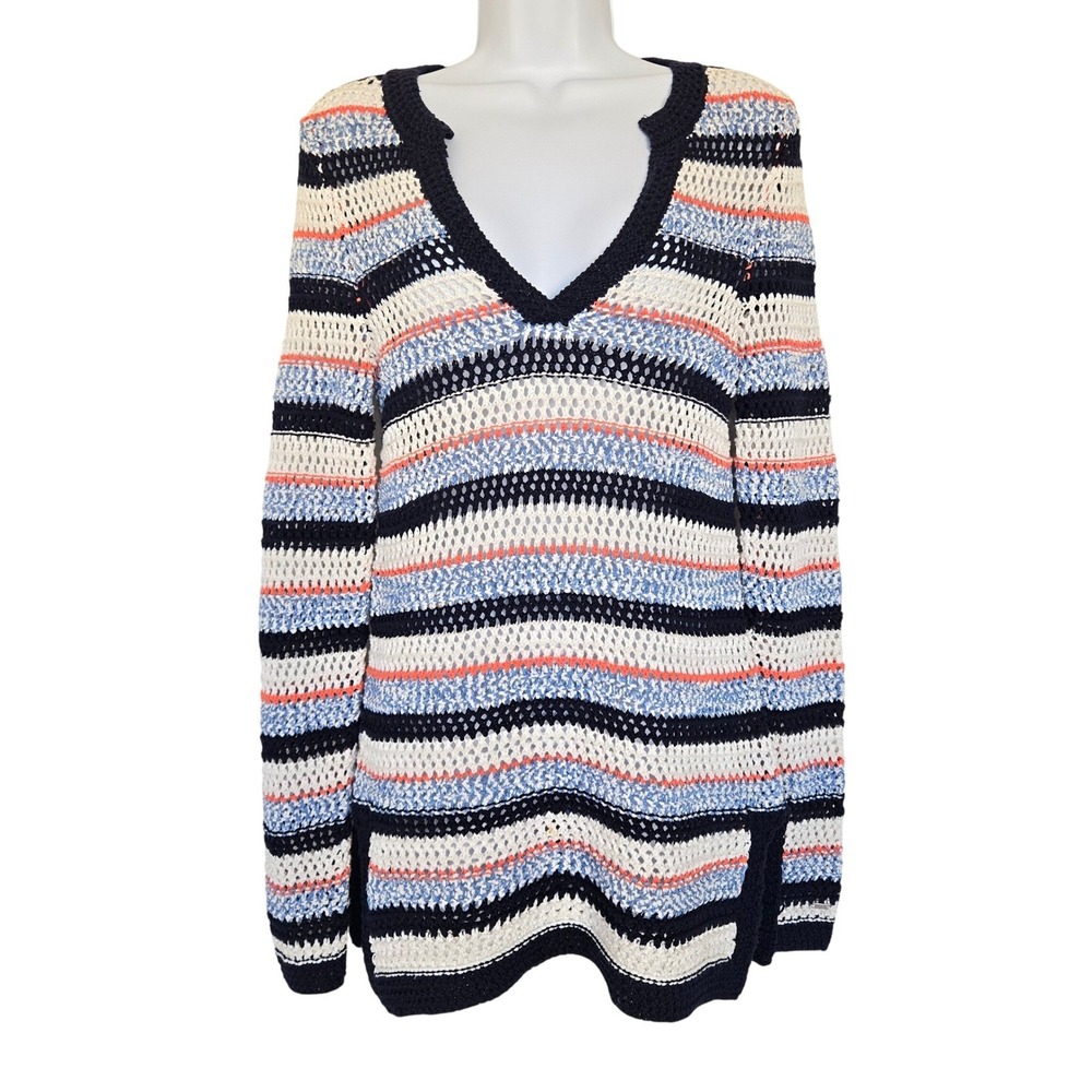 Tommy Hilfiger Striped Open Knit Cotton Sweater‎ Size S Nautical Coastal Preppy - Picture 2 of 11
